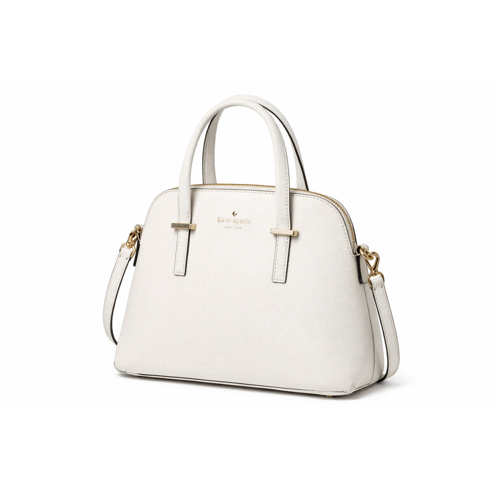 Kate Spade New York Maise satchel in white saffiano leather with gold hardware.